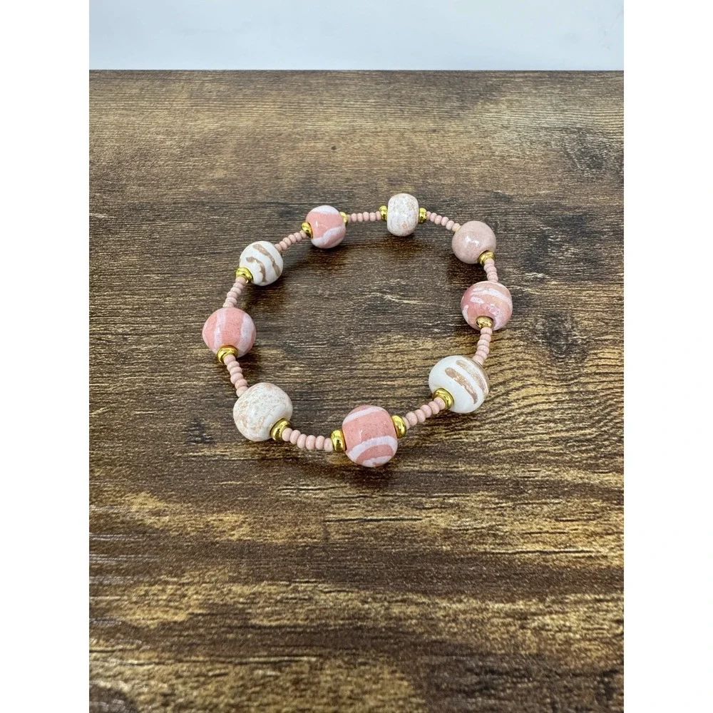 Kazuri Pink‎ Clay Hand Painted Beaded Bracelet Hand Made in Kenya Elastic